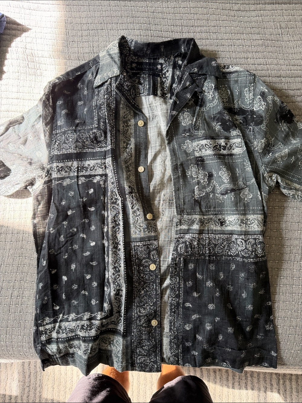 All Saints Black and White Bandana-Print Short Sleeve Shirt